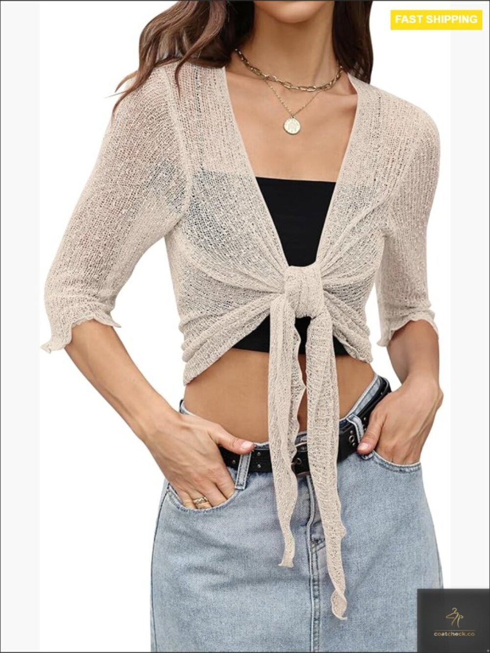 3/4 Sleeve Sheer Shrug Cardigan Lightweight Mesh Knit Dressy Casual Cover Up